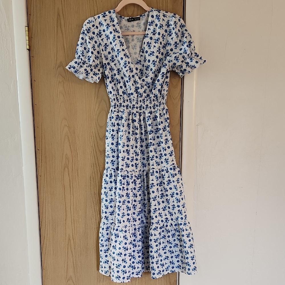 SHEIN Blue and White Floral Midi Dress